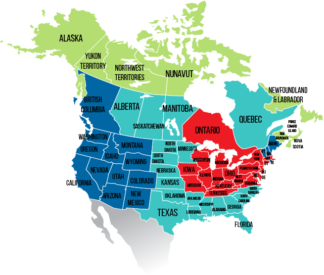 A color coded map of North America highlighting the various services available to each area.